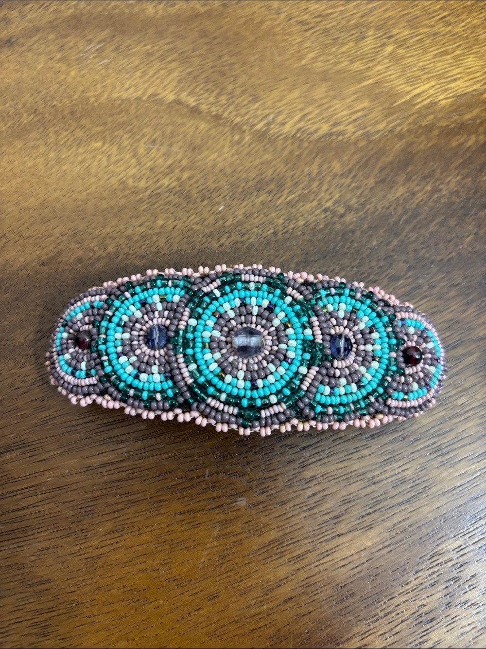 Vintage boho blue beaded leather hair barrette clip made in France